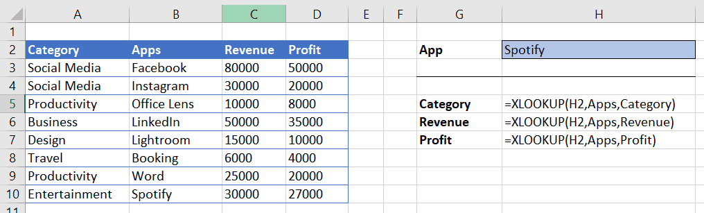 Use the named ranges inside the XLOOKUP function