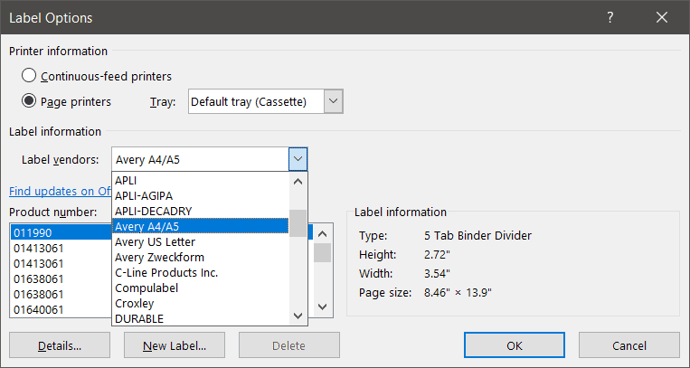 Label options in Microsoft Word
