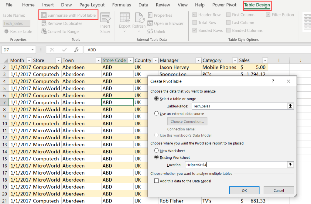Create another Pivot Table in the Helper Worskeet using the source data