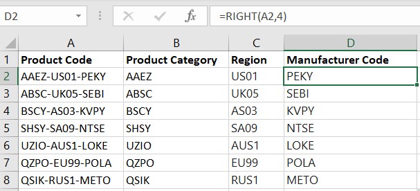 Extract Excel Substring from the right end using the RIGHT function