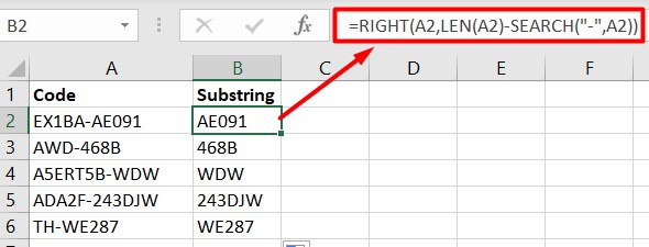 In this example, use =RIGHT(A2,LEN(A2)-SEARCH("-",A2)) in cell B2 and drag it to the entire data range.