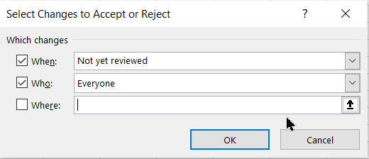 Specify "When, Who and Where" details in the Select Changes to be Accepted or Rejected
