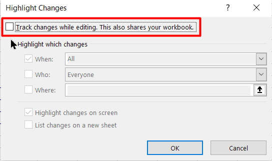 Uncheck the ‘Track changes while editing his also shares your workbook’ option