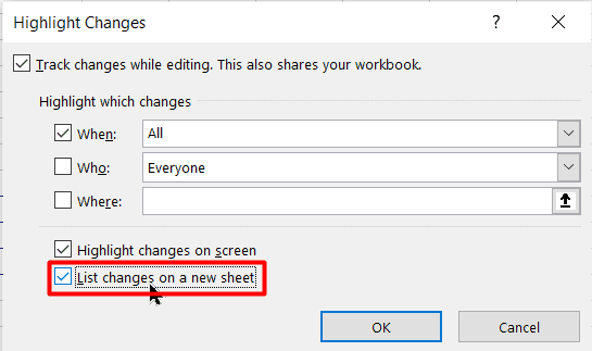 List changes on a new sheet