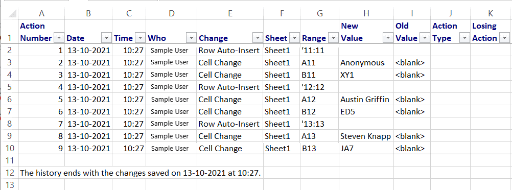 All tracked changes will be displayed in a separate sheet titled History