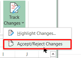 Click on the Accept/Reject Changes button under Track Changes