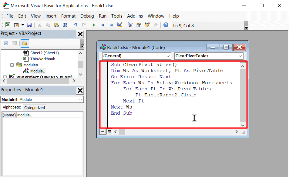 Paste the code in the Module Window 