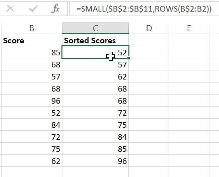 Excel SMALL function to sort data