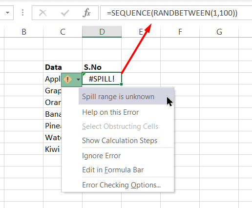 Remove or replace volatile formulas with better formulas to avoid the # Spill Excel error