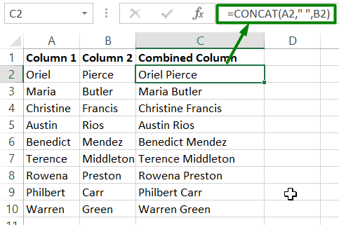Insert a space between two columns inside the CONCAT formula