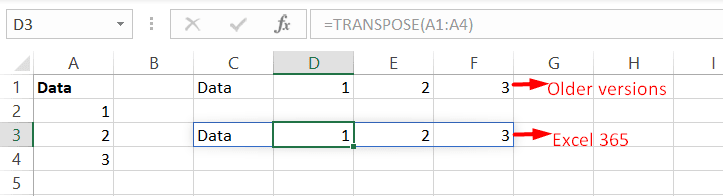Excel 365 Spills the transpose data automatically in nearby cells