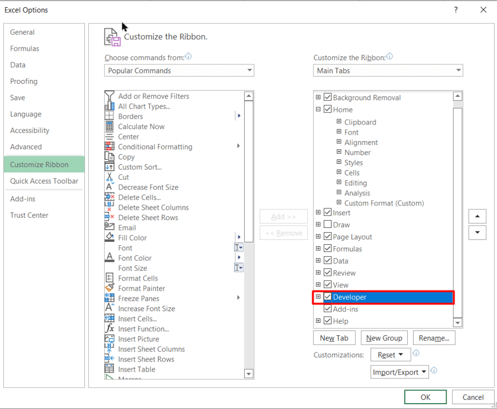 Activate the Developer tab in the Excel Options dialog box