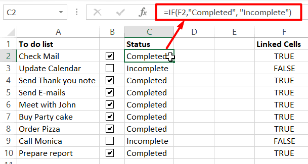 Add the status of completion of each task using an IF statement