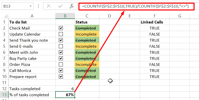 Find the percentage of completed tasks using a similar COUNTIF formula