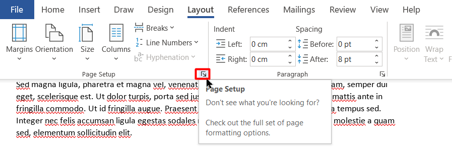 Launch the Page Setup option in the Layout tab