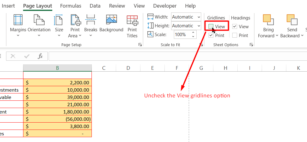 Remove Gridlines in Excel by unchecking the view gridlines option