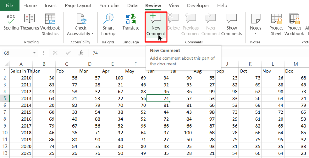 Use the New Comment option in the Review tab to add comments