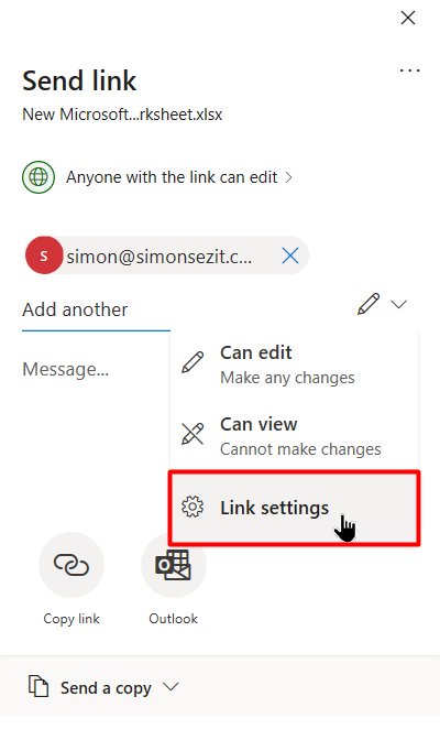 Click on Link settings to set a password and expiration date for the shareable link. 