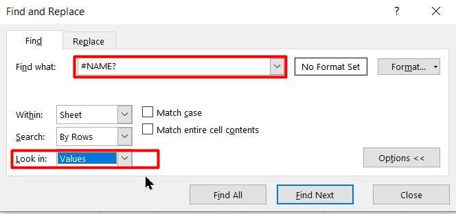 Highlight all NAME errors using the Find and Replace menu