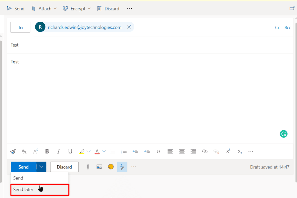How to Schedule an Email in Outlook Web? Click on the Send later option