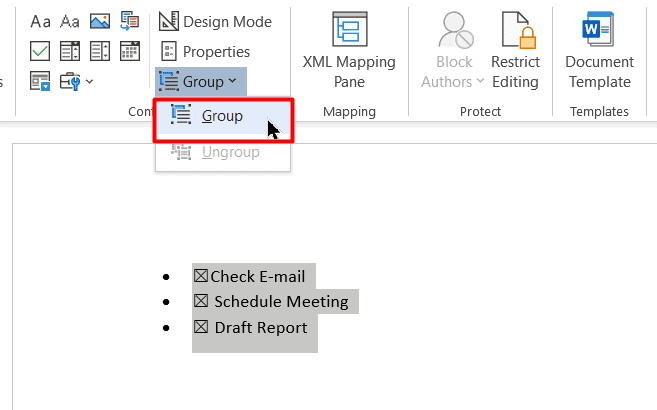 Select the checklist and click on the Group option in the Developer tab to lock the checklist