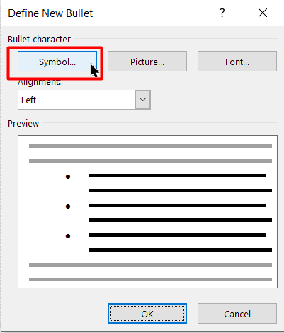 Click on the Symbol button in the Define New Bullet dialog box