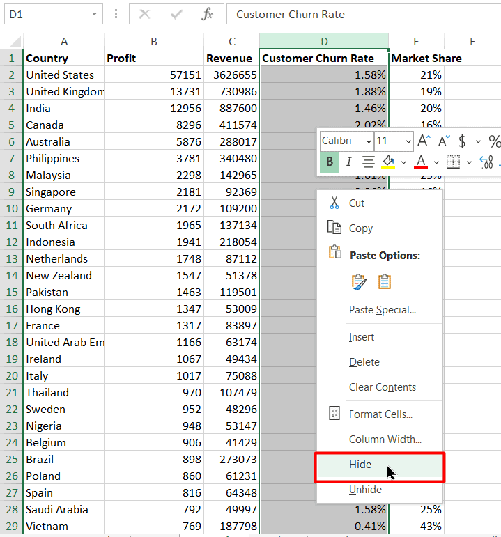 Right-click inside the selected column and choose Hide from the menu. 