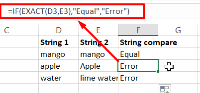 Case sensitive Excel string compare using IF and EXACT functions