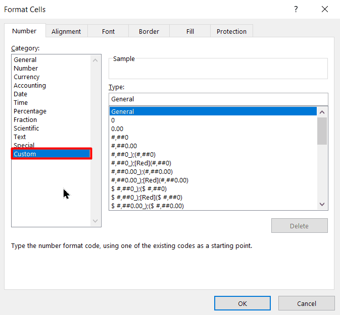 Open the Custom category in the Number tab
